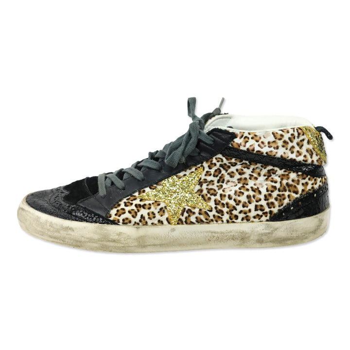 Golden Goose Leopard Pony Hair/Gold Mid Star Sneakers