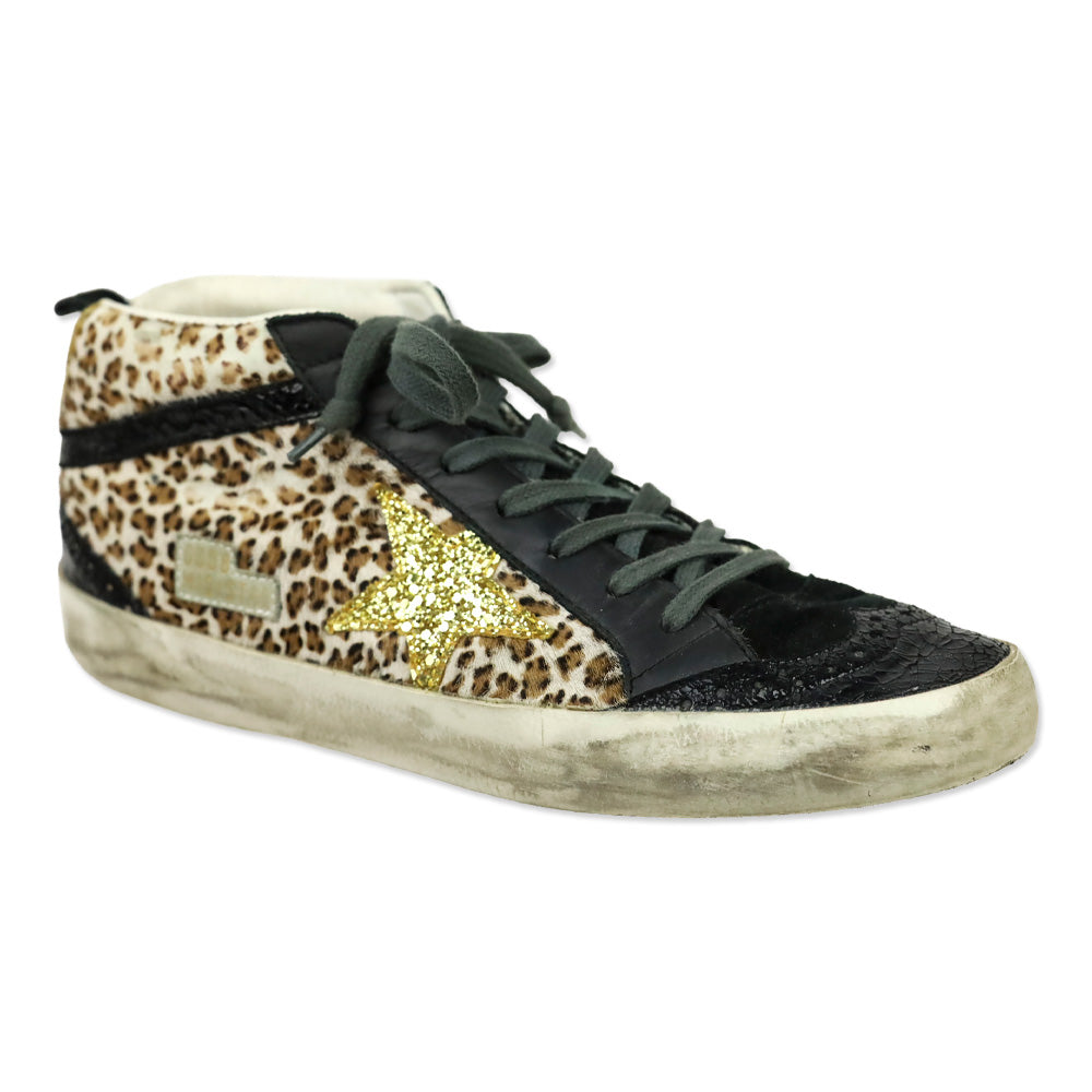 Golden Goose Leopard Pony Hair/Gold Mid Star Sneakers