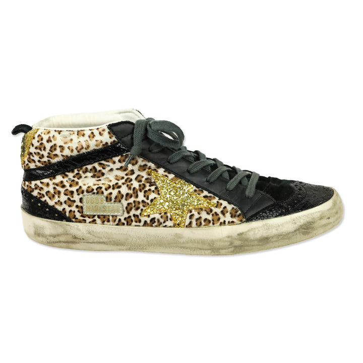Golden Goose Leopard Pony Hair/Gold Mid Star Sneakers