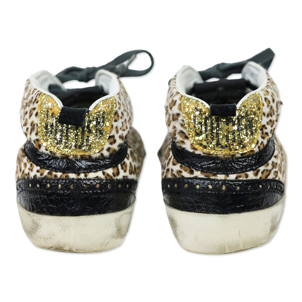 Golden Goose Leopard Pony Hair/Gold Mid Star Sneakers