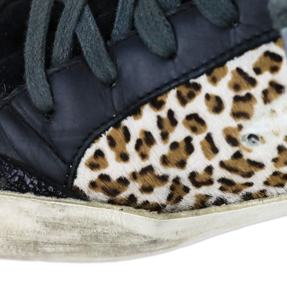 Golden Goose Leopard Pony Hair/Gold Mid Star Sneakers