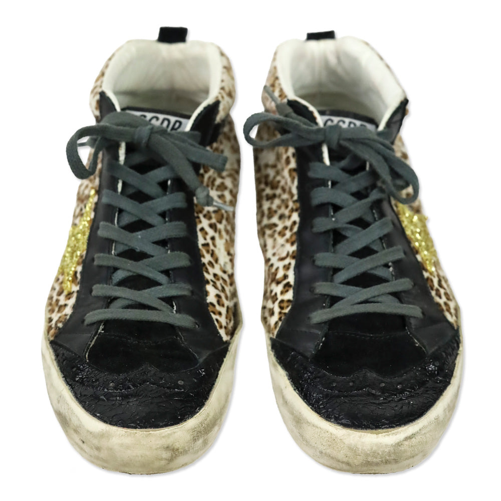 Golden Goose Leopard Pony Hair/Gold Mid Star Sneakers