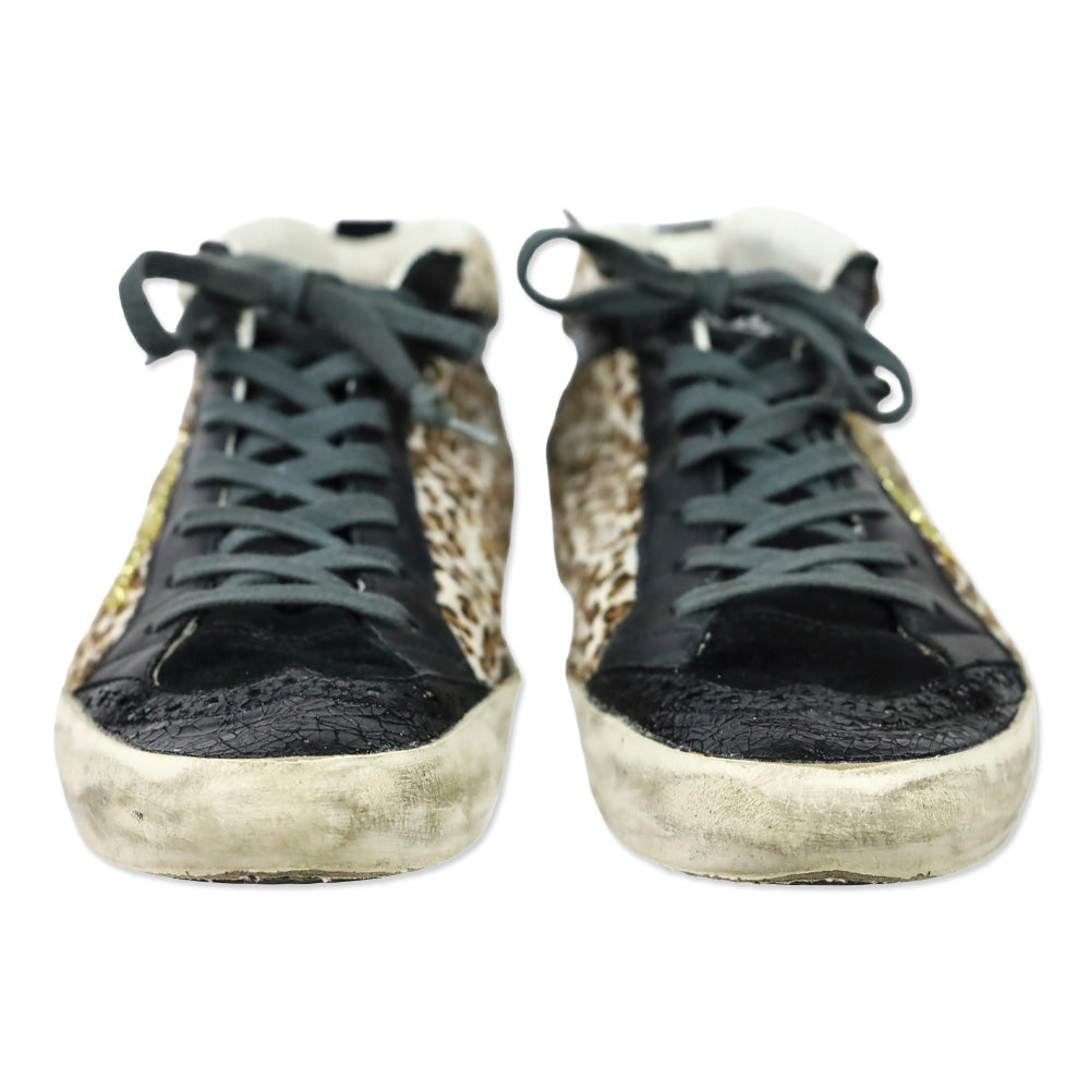 Golden Goose Leopard Pony Hair/Gold Mid Star Sneakers
