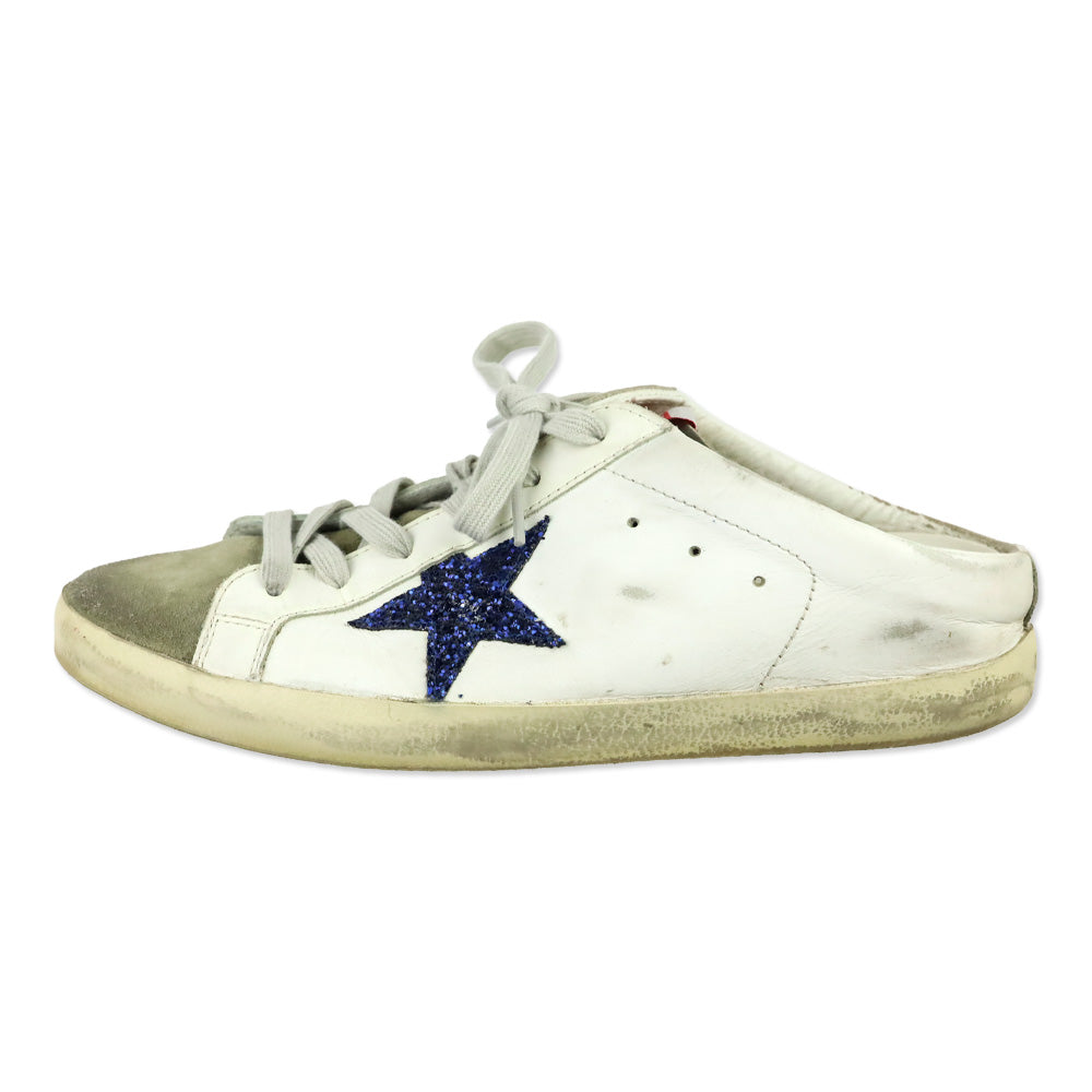 Golden Goose Super-Star Sabot with a Blue glitter star and suede tongue