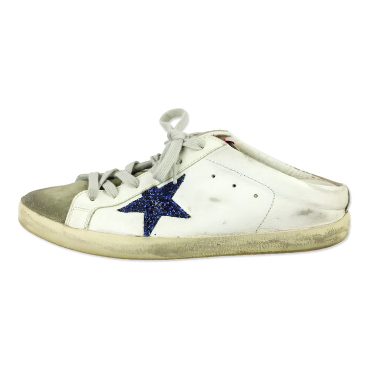Golden Goose Super-Star Sabot with a Blue glitter star and suede tongue