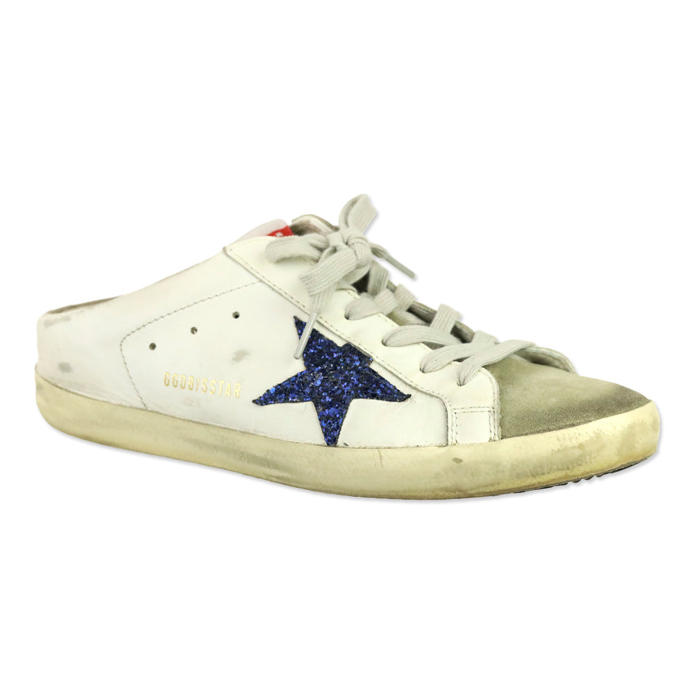 Golden Goose Super-Star Sabot with a Blue glitter star and suede tongue