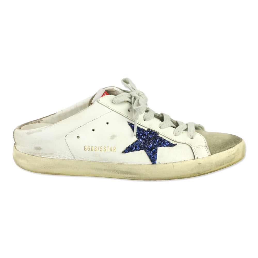 Golden Goose Super-Star Sabot with a Blue glitter star and suede tongue