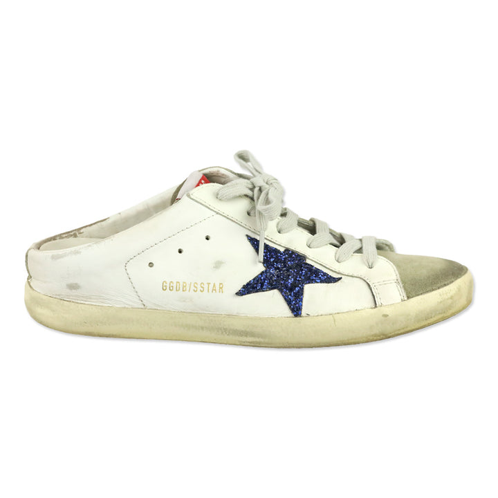 Golden Goose Super-Star Sabot with a Blue glitter star and suede tongue