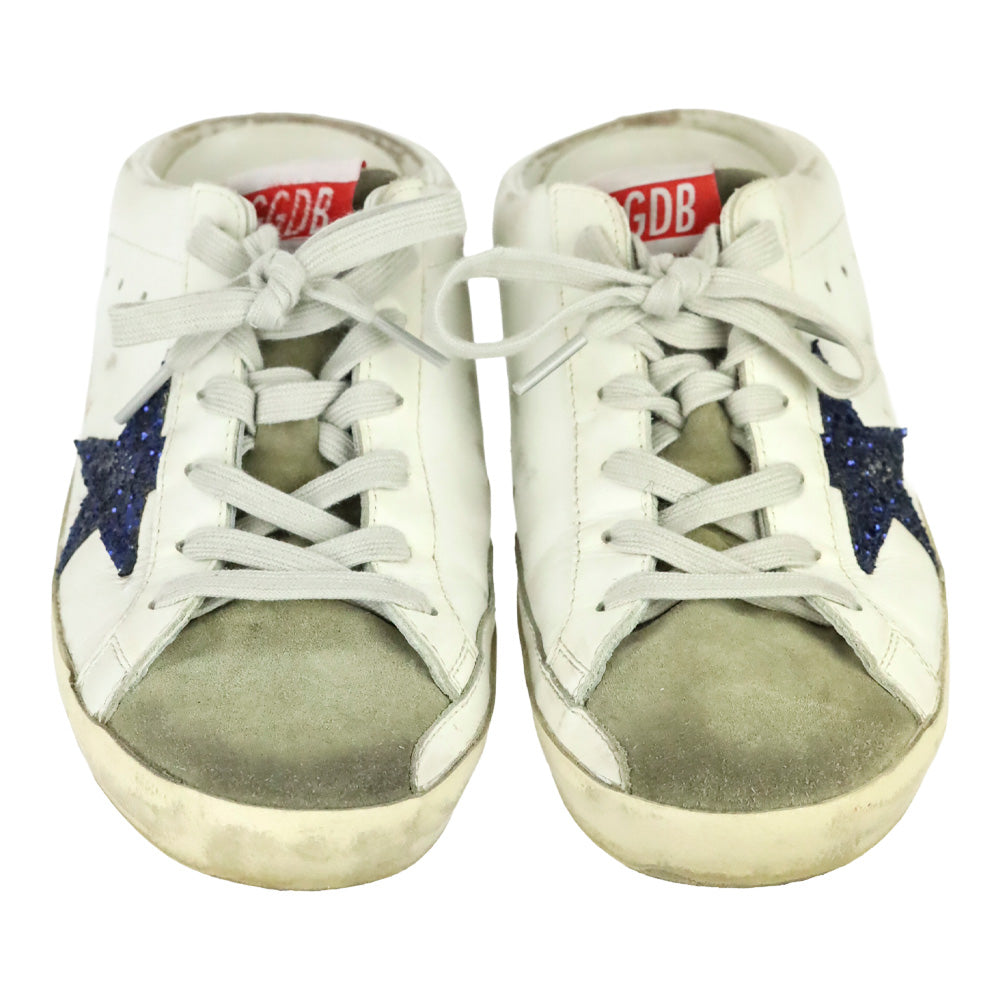Golden Goose Super-Star Sabot with a Blue glitter star and suede tongue