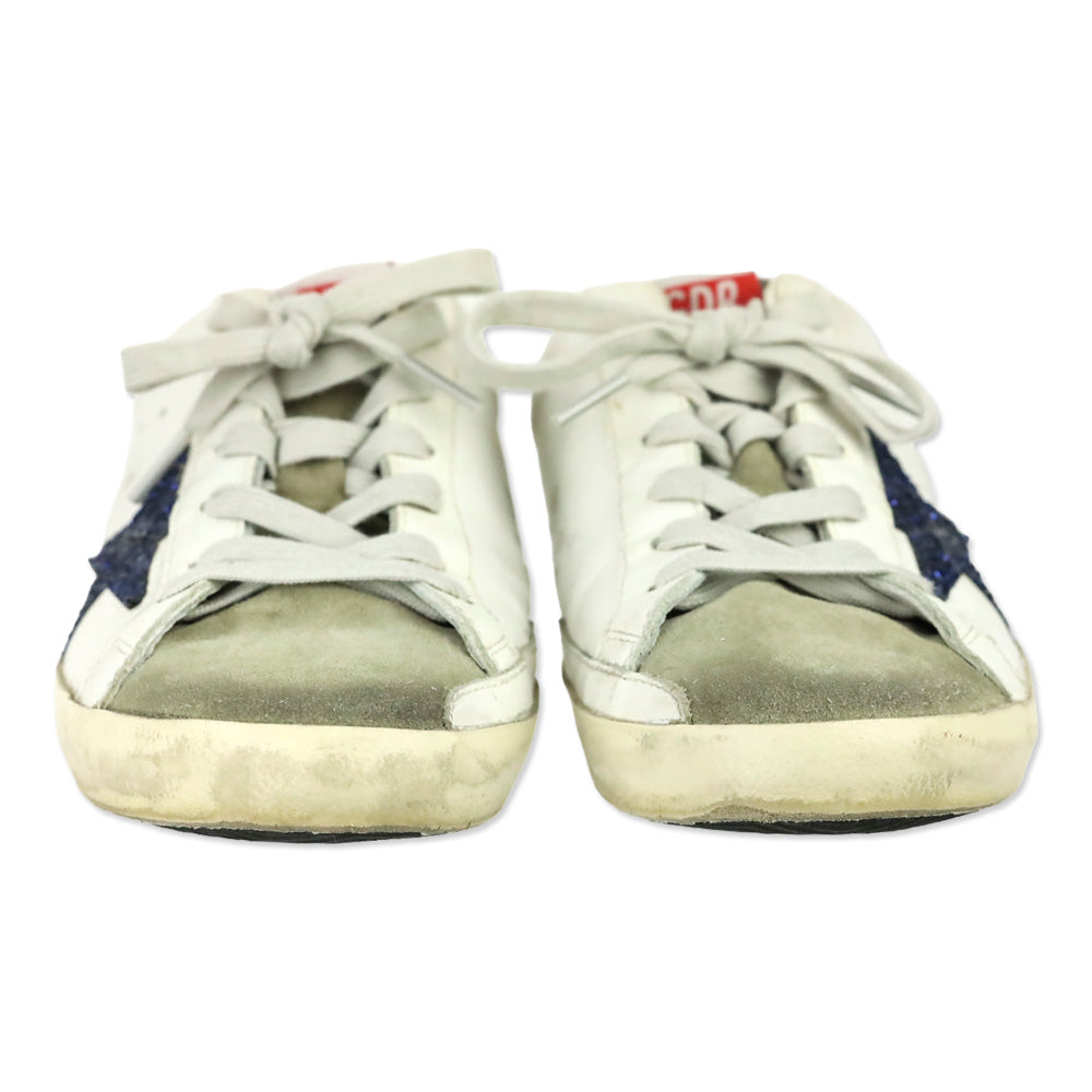 Golden Goose Super-Star Sabot with a Blue glitter star and suede tongue