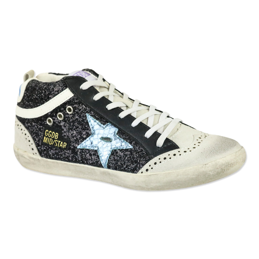 Golden Goose Mid Star Black Glitter Blue Star Sneaker