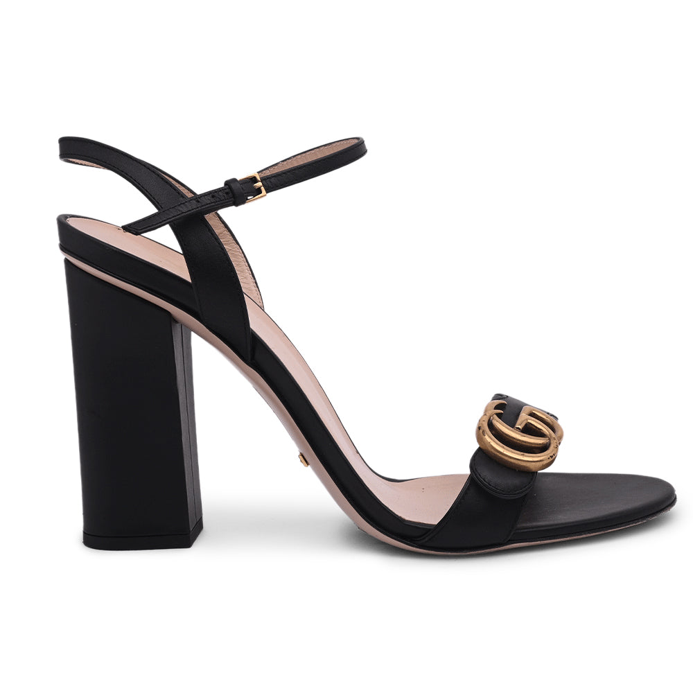 Gucci Marmont Black Leather GG Block Heel Sandals