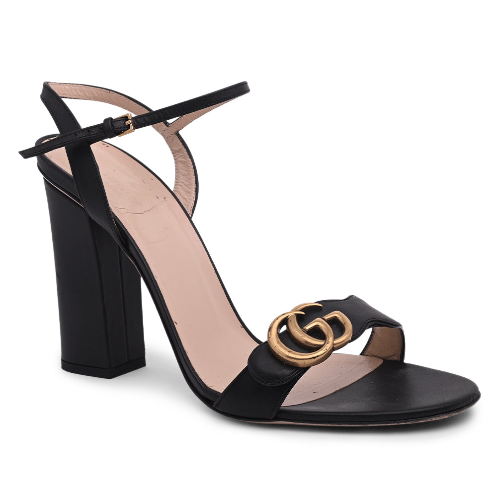 Gucci Marmont Black Leather GG Block Heel Sandals
