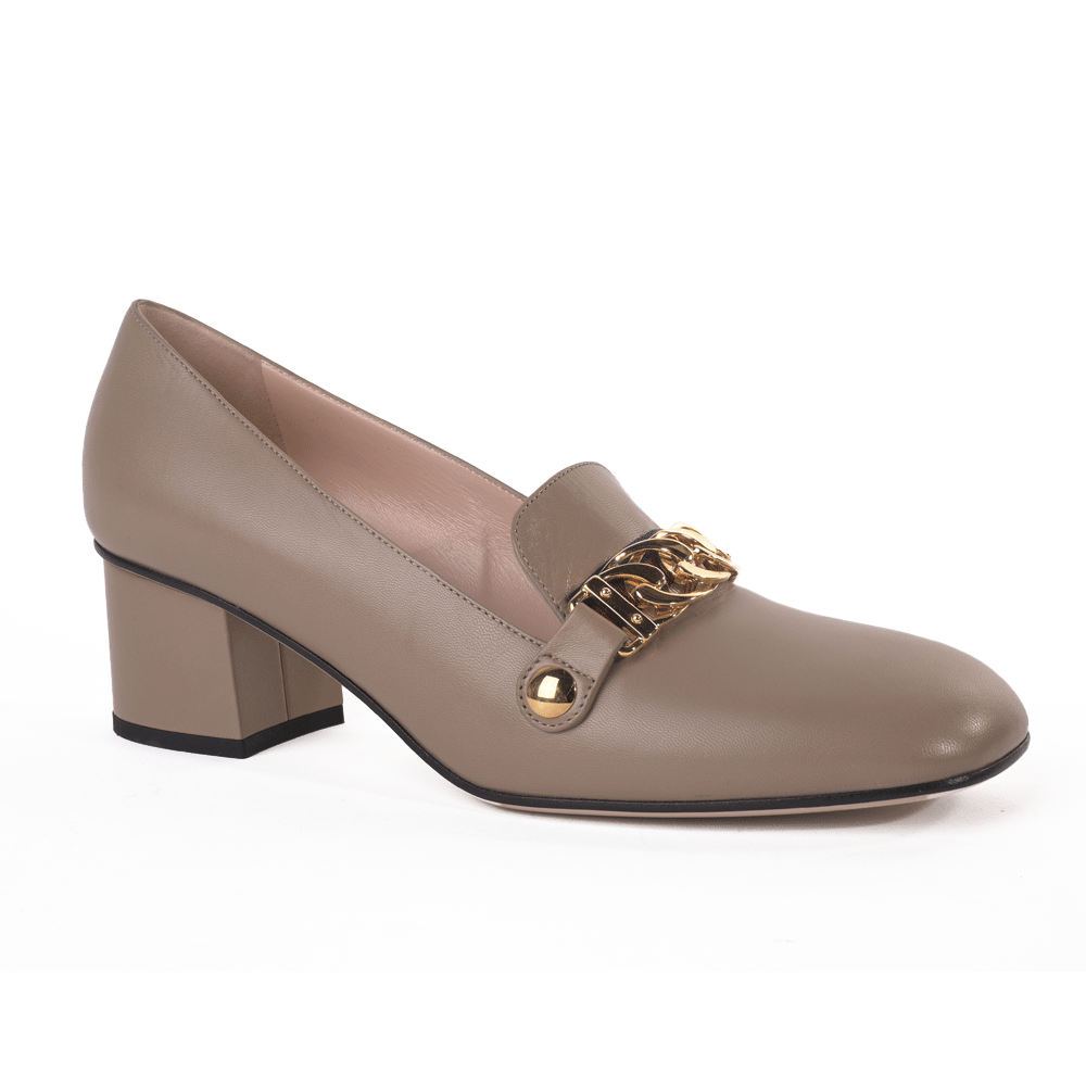 Gucci Sylvie Taupe Leather Chain Pumps
