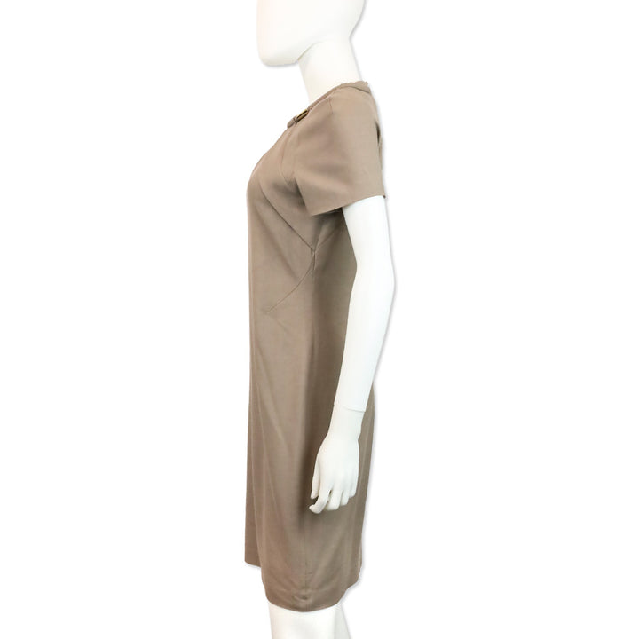 Gucci 2010 Taupe Wool Blend Short Sleeve Gold V-Neck Dress