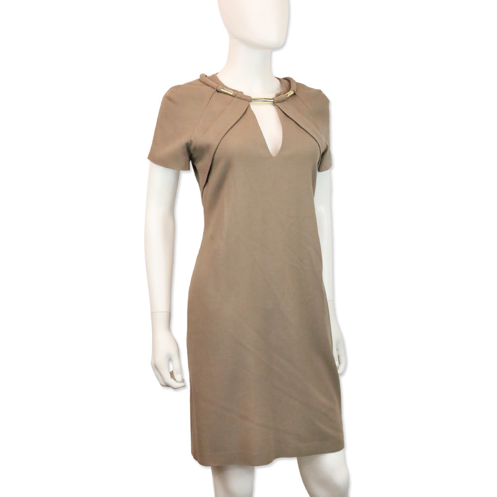 Gucci 2010 Taupe Wool Blend Short Sleeve Gold V-Neck Dress