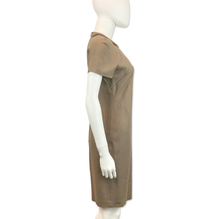Gucci 2010 Taupe Wool Blend Short Sleeve Gold V-Neck Dress