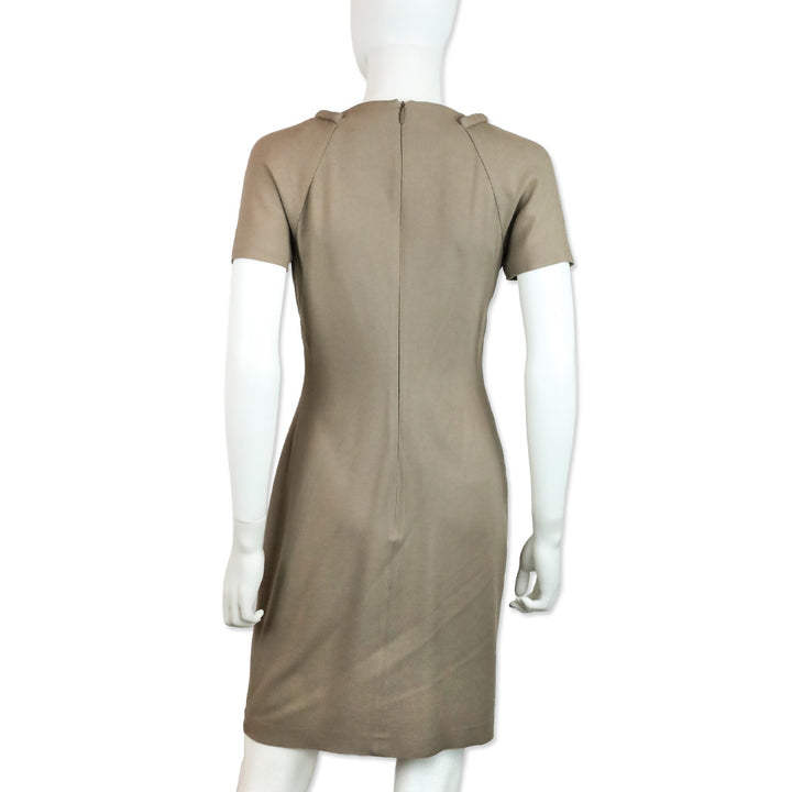 Gucci 2010 Taupe Wool Blend Short Sleeve Gold V-Neck Dress