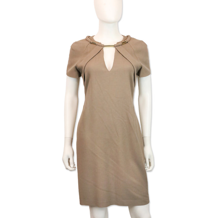 Gucci 2010 Taupe Wool Blend Short Sleeve Gold V-Neck Dress