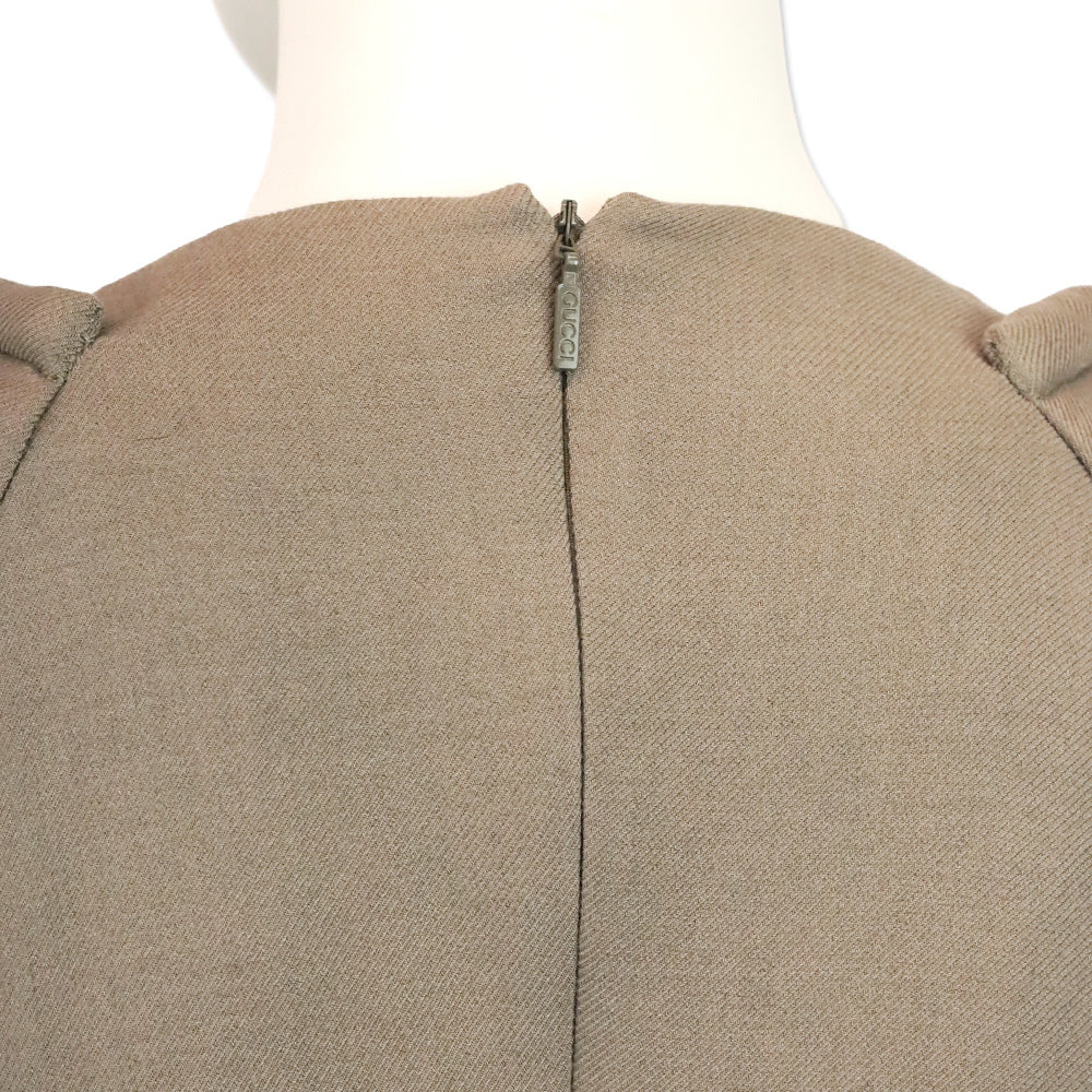 Gucci 2010 Taupe Wool Blend Short Sleeve Gold V-Neck Dress