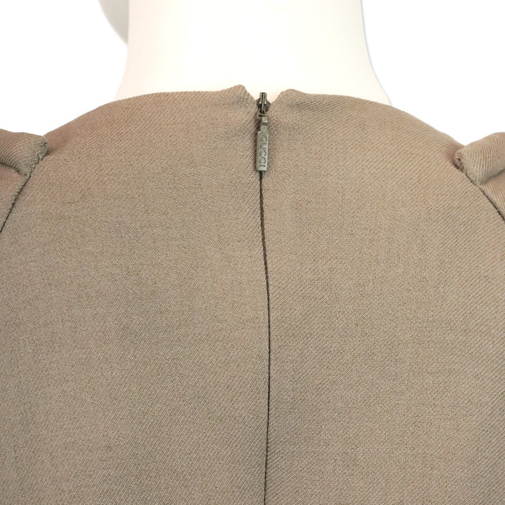 Gucci 2010 Taupe Wool Blend Short Sleeve Gold V-Neck Dress