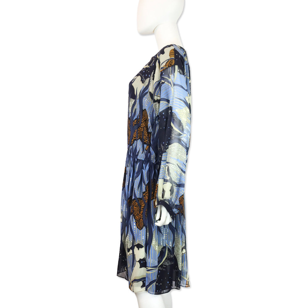 Gucci 2014 Blue Ink Fantasy Print Silk Georgette Gathered Dress