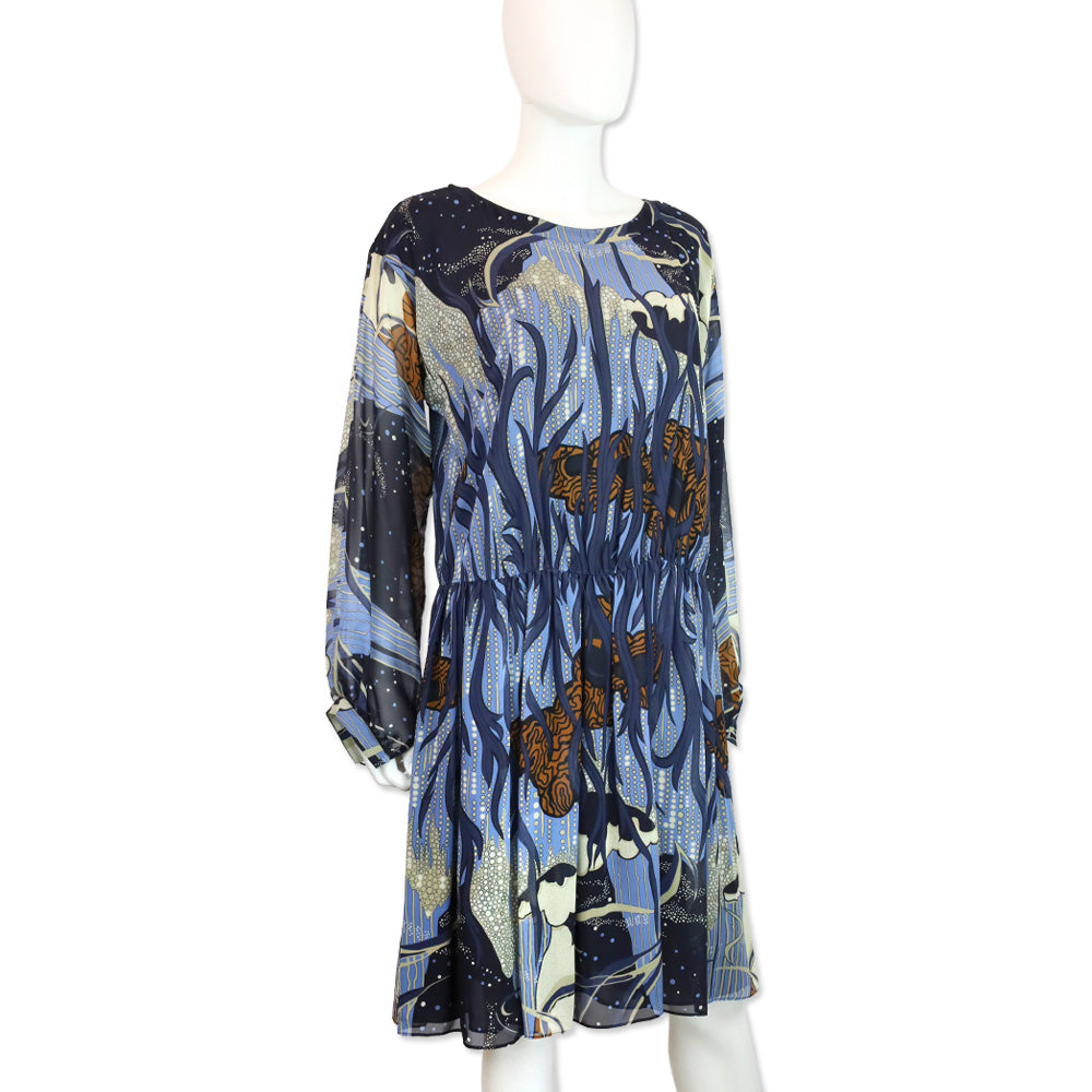 Gucci 2014 Blue Ink Fantasy Print Silk Georgette Gathered Dress