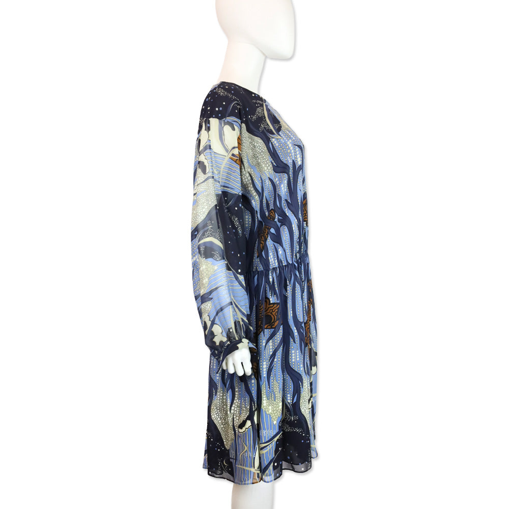 Gucci 2014 Blue Ink Fantasy Print Silk Georgette Gathered Dress