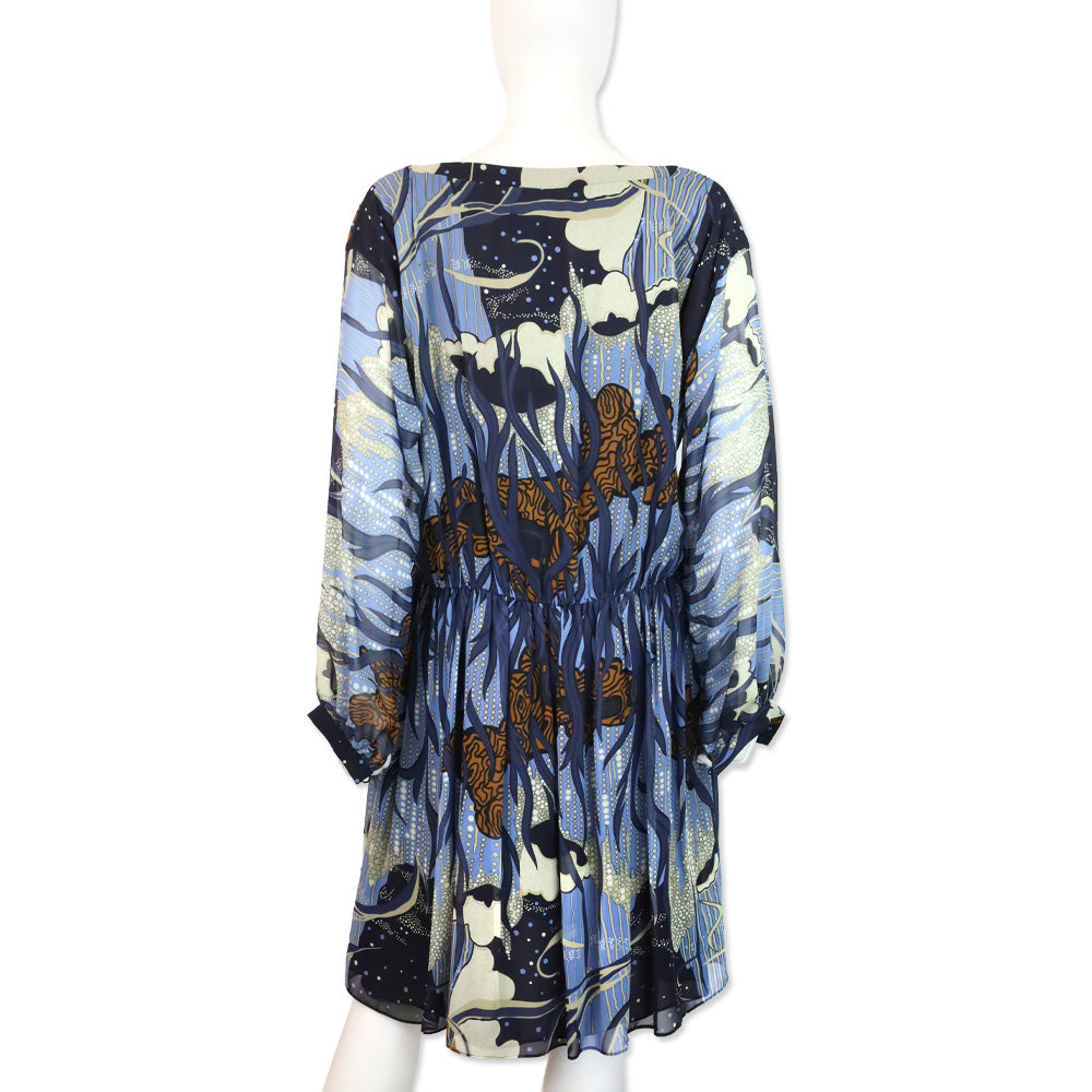 Gucci 2014 Blue Ink Fantasy Print Silk Georgette Gathered Dress