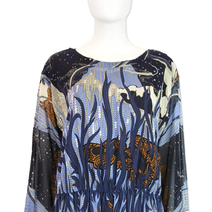 Gucci 2014 Blue Ink Fantasy Print Silk Georgette Gathered Dress