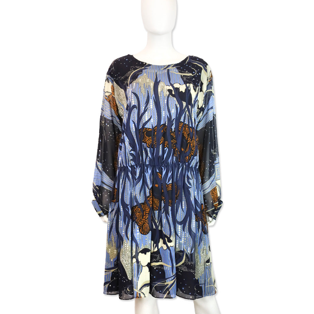 Gucci 2014 Blue Ink Fantasy Print Silk Georgette Gathered Dress – DBLTKE