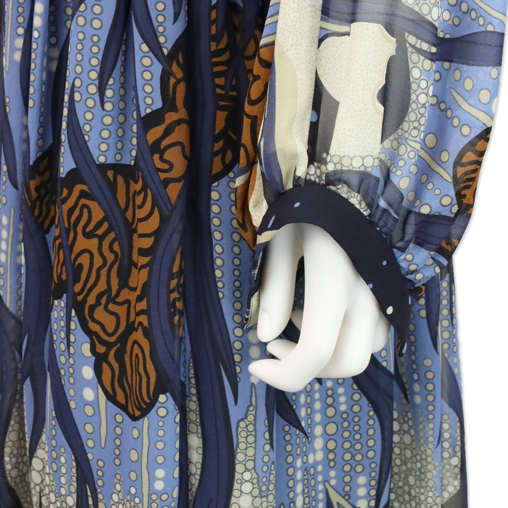 Gucci 2014 Blue Ink Fantasy Print Silk Georgette Gathered Dress