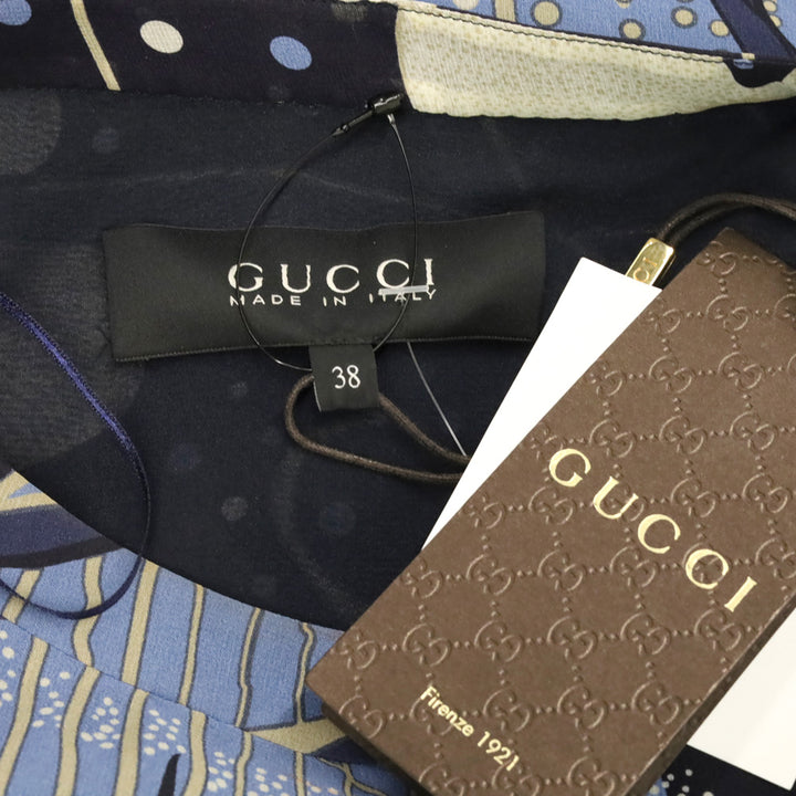 Gucci 2014 Blue Ink Fantasy Print Silk Georgette Gathered Dress