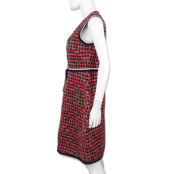 Gucci 2019 Black/Red/White Tweed Sleeveless Mid-Length Dress