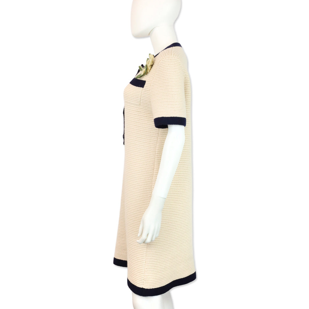 Gucci 2020 Nude Wool Knit Navy Contrast Trim Polo Mini Dress with Floral Brooch
