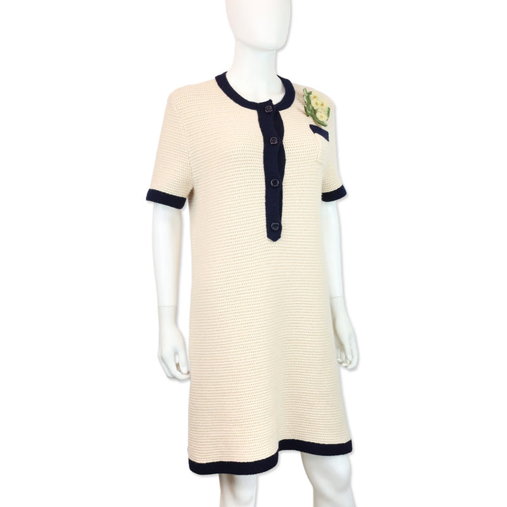Gucci 2020 Nude Wool Knit Navy Contrast Trim Polo Mini Dress with Floral Brooch
