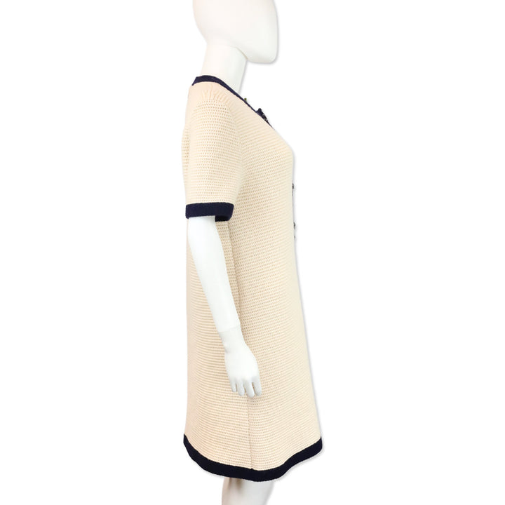 Gucci 2020 Nude Wool Knit Navy Contrast Trim Polo Mini Dress with Floral Brooch