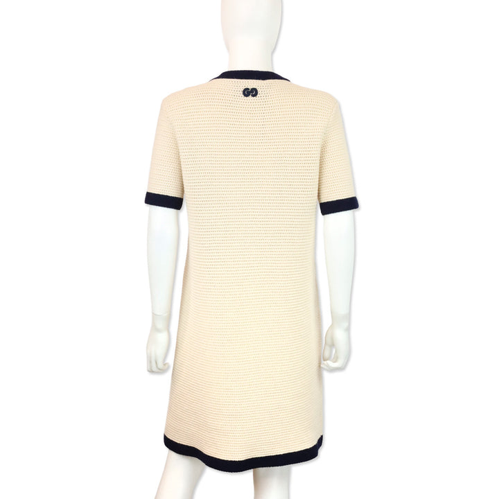 Gucci 2020 Nude Wool Knit Navy Contrast Trim Polo Mini Dress with Floral Brooch