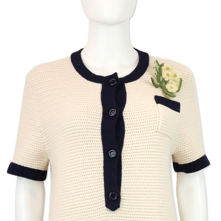 Gucci 2020 Nude Wool Knit Navy Contrast Trim Polo Mini Dress with Floral Brooch