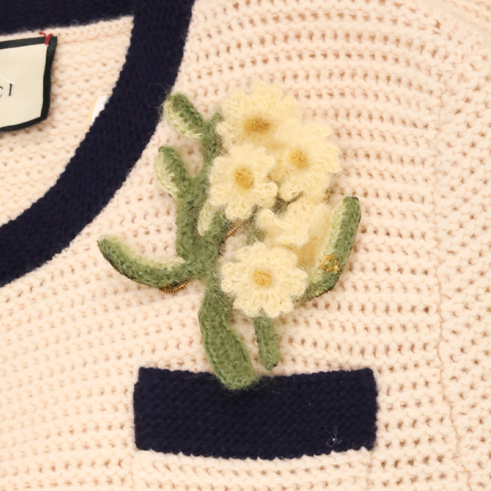 Gucci 2020 Nude Wool Knit Navy Contrast Trim Polo Mini Dress with Floral Brooch