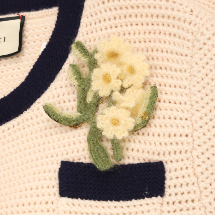 Gucci 2020 Nude Wool Knit Navy Contrast Trim Polo Mini Dress with Floral Brooch