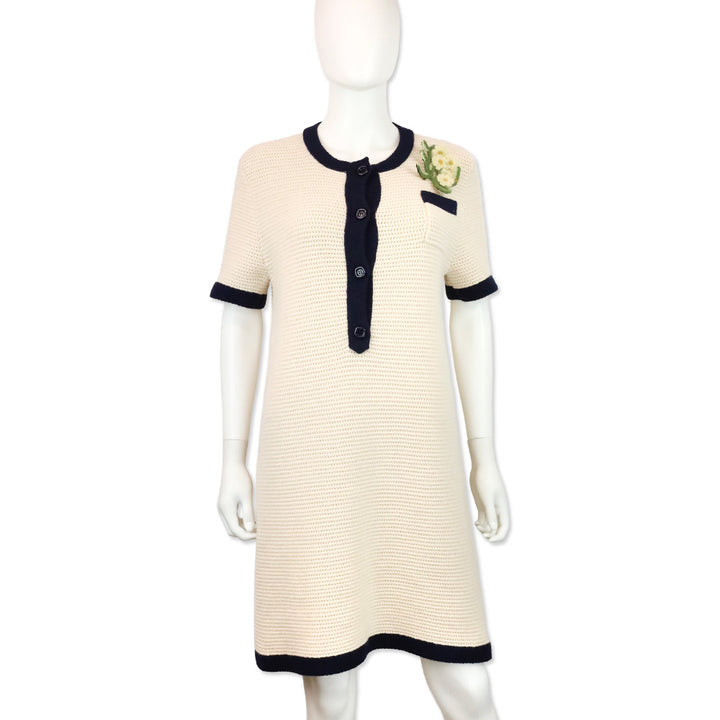Gucci 2020 Nude Wool Knit Navy Contrast Trim Polo Mini Dress with Floral Brooch