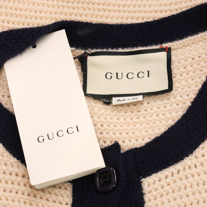 Gucci 2020 Nude Wool Knit Navy Contrast Trim Polo Mini Dress with Floral Brooch