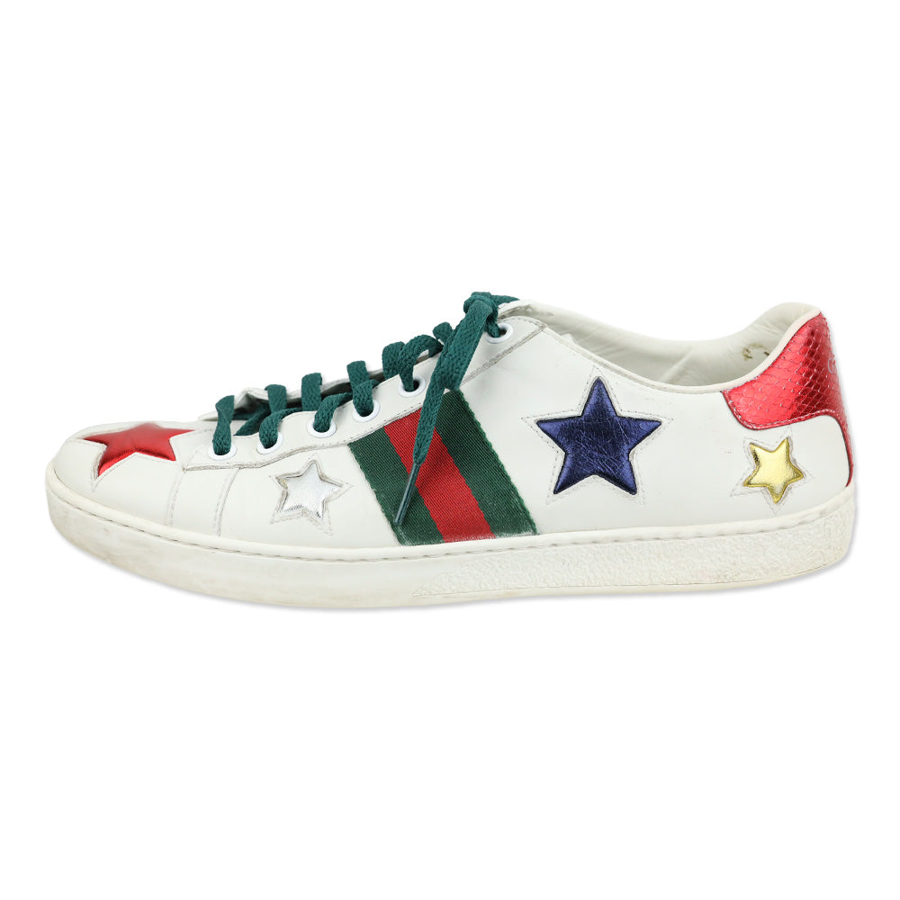 Gucci Ace Star White & Metallic Leather Web Patchwork Low-Top Sneakers