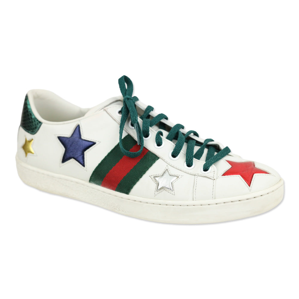 Gucci Ace Star White & Metallic Leather Web Patchwork Low-Top Sneakers