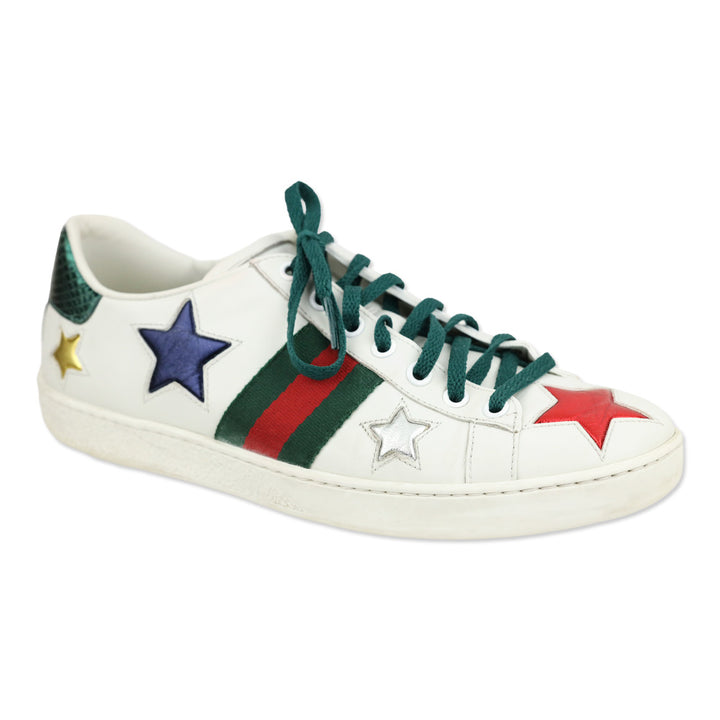 Gucci Ace Star White & Metallic Leather Web Patchwork Low-Top Sneakers