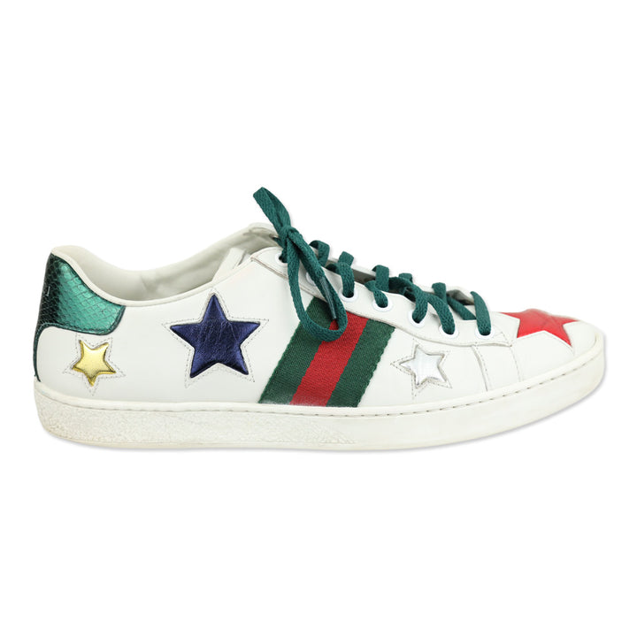 Gucci Ace Star White & Metallic Leather Web Patchwork Low-Top Sneakers