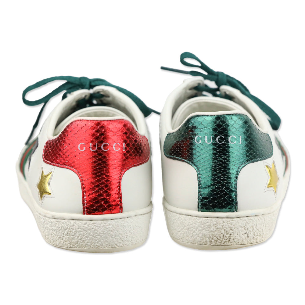 Gucci Ace Star White & Metallic Leather Web Patchwork Low-Top Sneakers