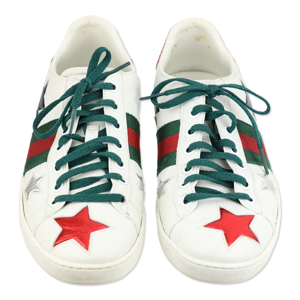 Gucci Ace Star White & Metallic Leather Web Patchwork Low-Top Sneakers