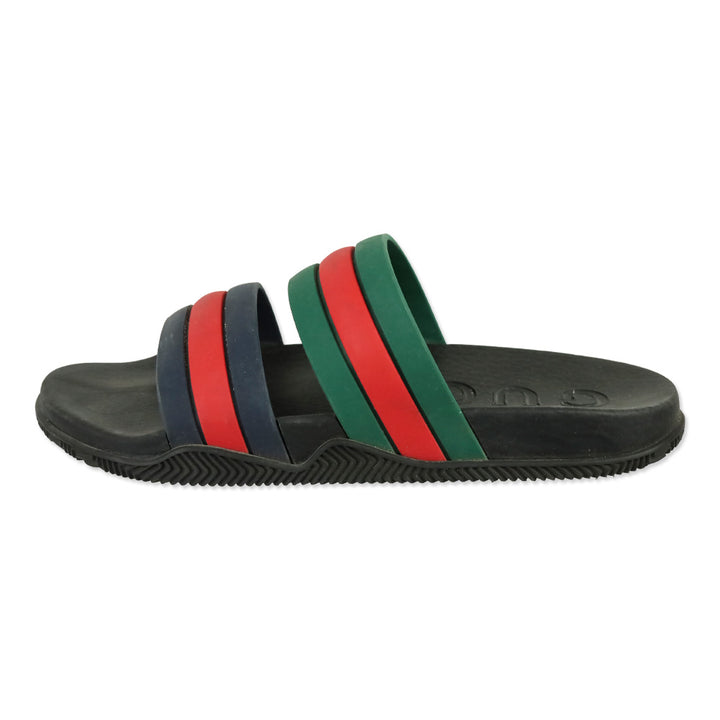 Gucci Agrado Black Web Double Strap Rubber Slides Sandals